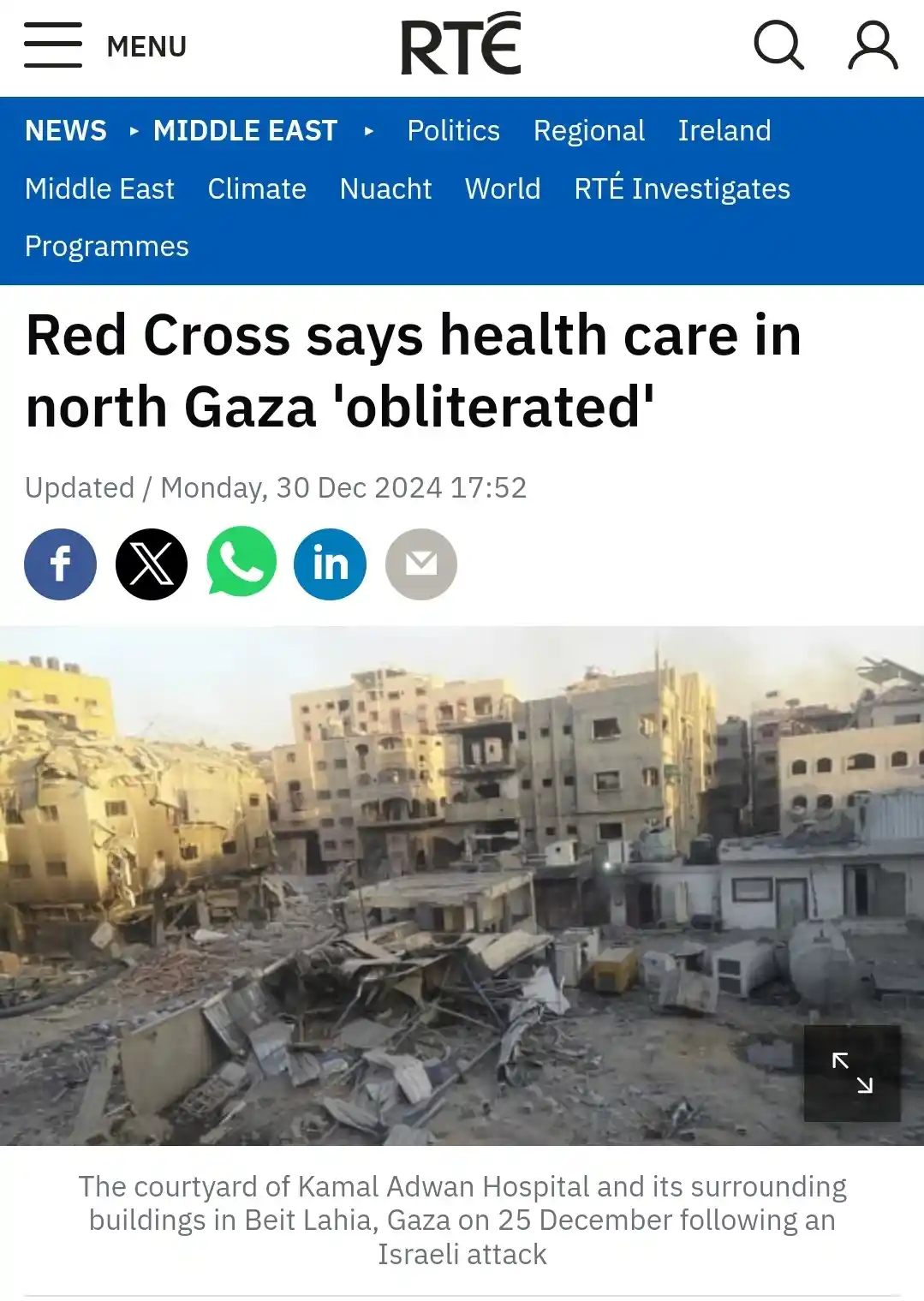A screenshot of an RTE news article shows a photo of heavily damaged buildings and rubble in Gaza, captioned 'The courtyard…