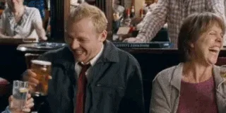 A six-panel image sequence shows a man and a woman laughing heartily in a pub, then the man's expression shifts to confusion…