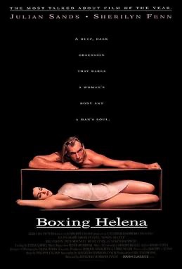A movie poster for 'Boxing Helena' featuring a man and woman in a boxing ring, with the man lying on top of the woman who is…