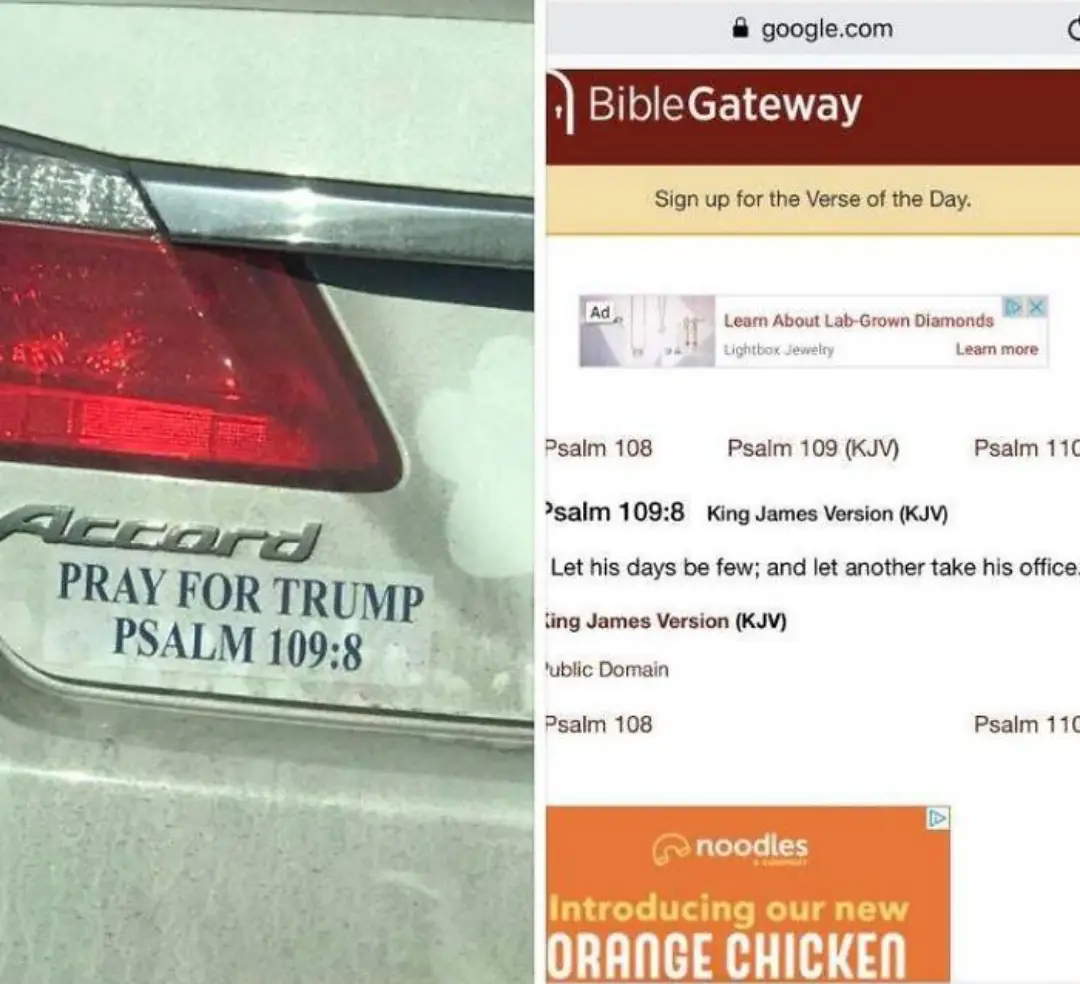 A split-screen image shows the rear of a silver Honda Accord with a bumper sticker reading 'PRAY FOR TRUMP PSALM 109:8'. The…