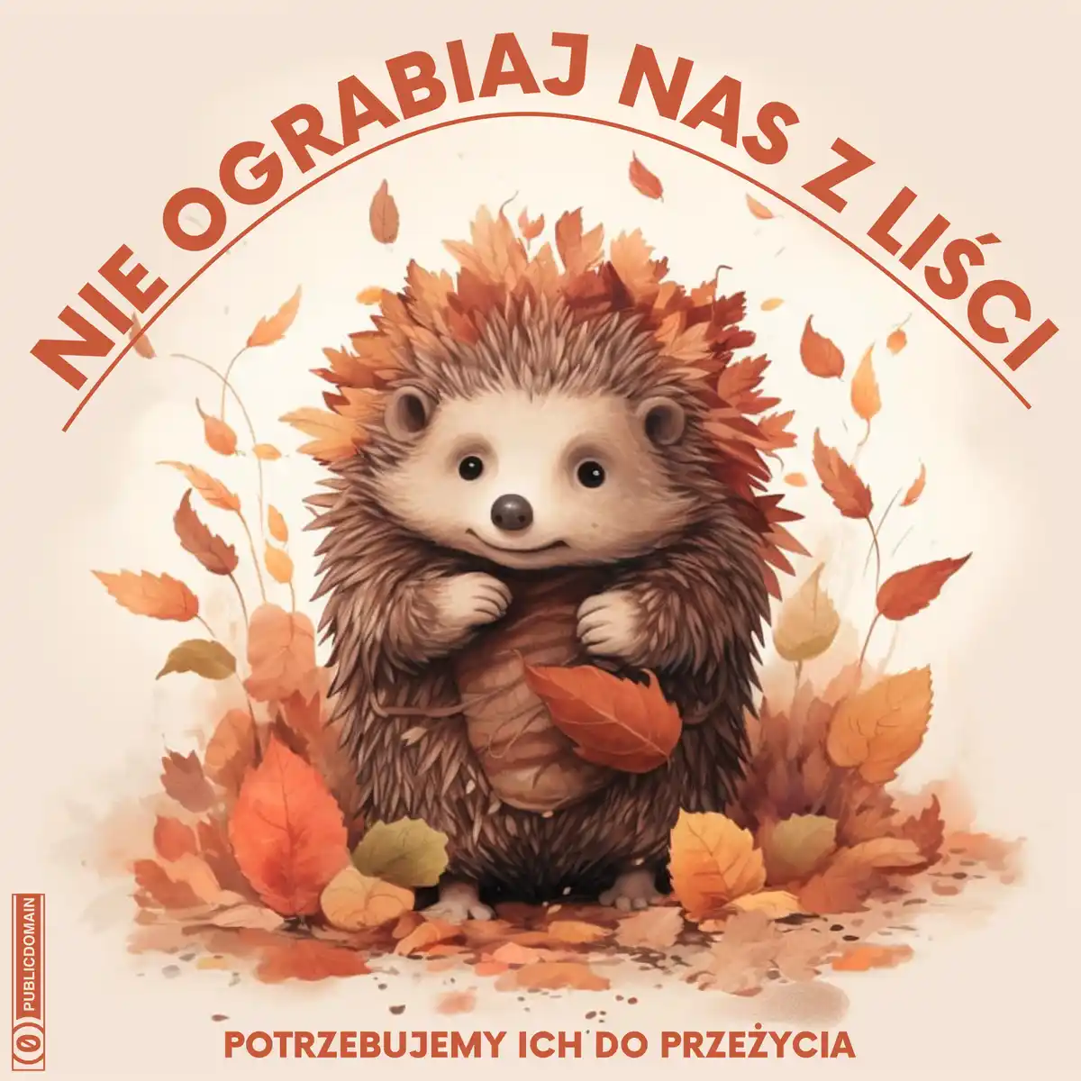 A cute, cartoon-style hedgehog is surrounded by autumn leaves, with many leaves stuck in its spines and one held in its…
