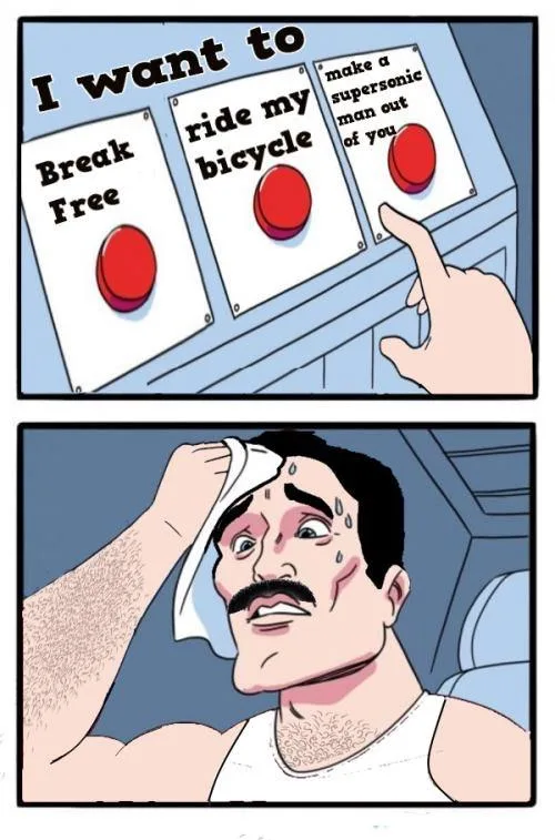 The top panel shows a hand pointing at a control panel with three red buttons labeled 'I want to Break Free', 'ride my…