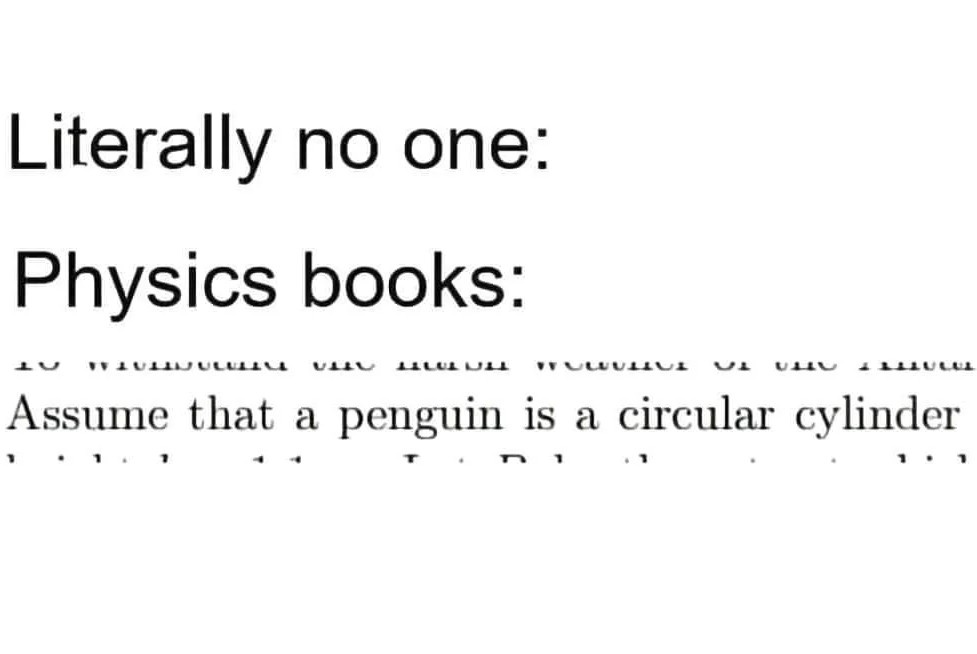 The image displays a white background with black text. The top line reads 'Literally no one:', followed by 'Physics books:'…