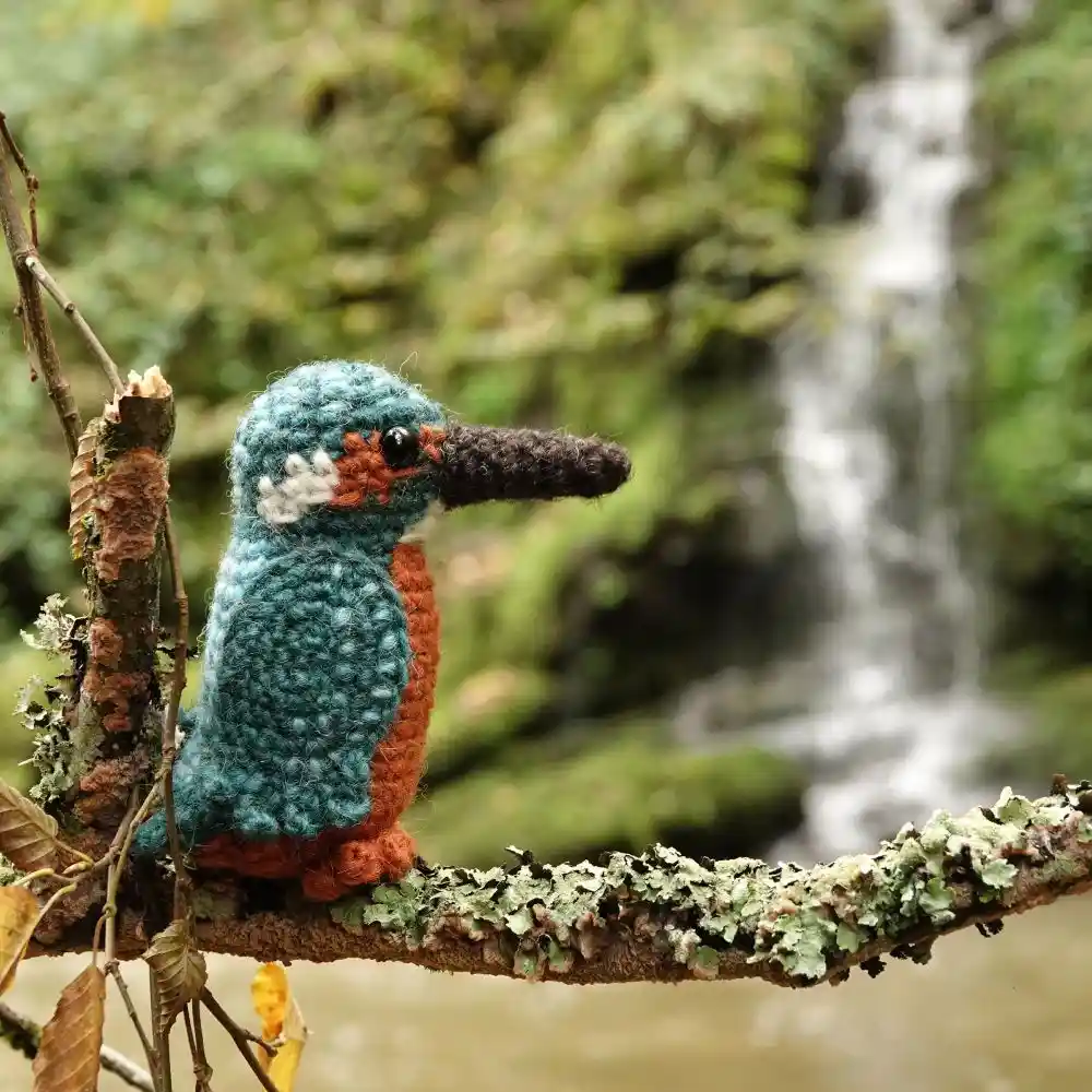 A small, hand-crocheted bird with teal and orange yarn, black bead eyes, and a dark brown beak sits on a mossy tree branch…