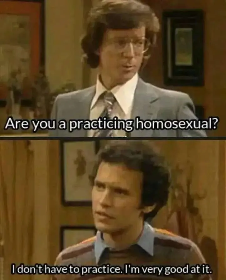 The image is a two-panel meme featuring characters from the 1970s TV show 'WKRP in Cincinnati'. The top panel shows a man in…