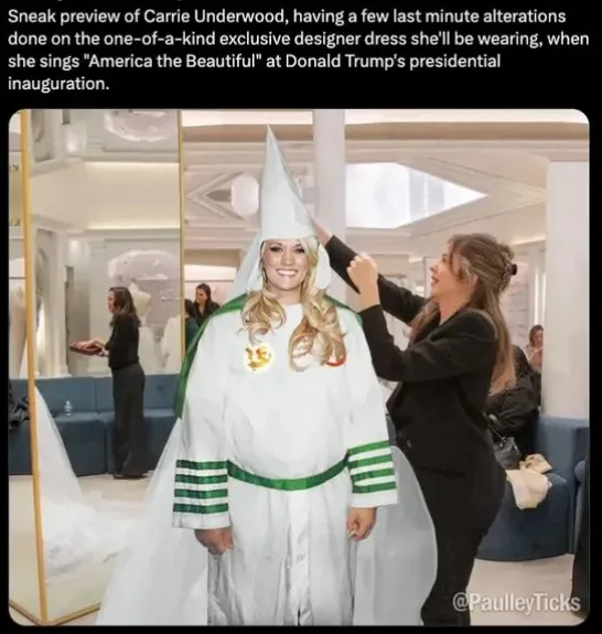 A woman with blonde hair is wearing a white costume with green stripes and a pointed hat, resembling a wizard or witch…