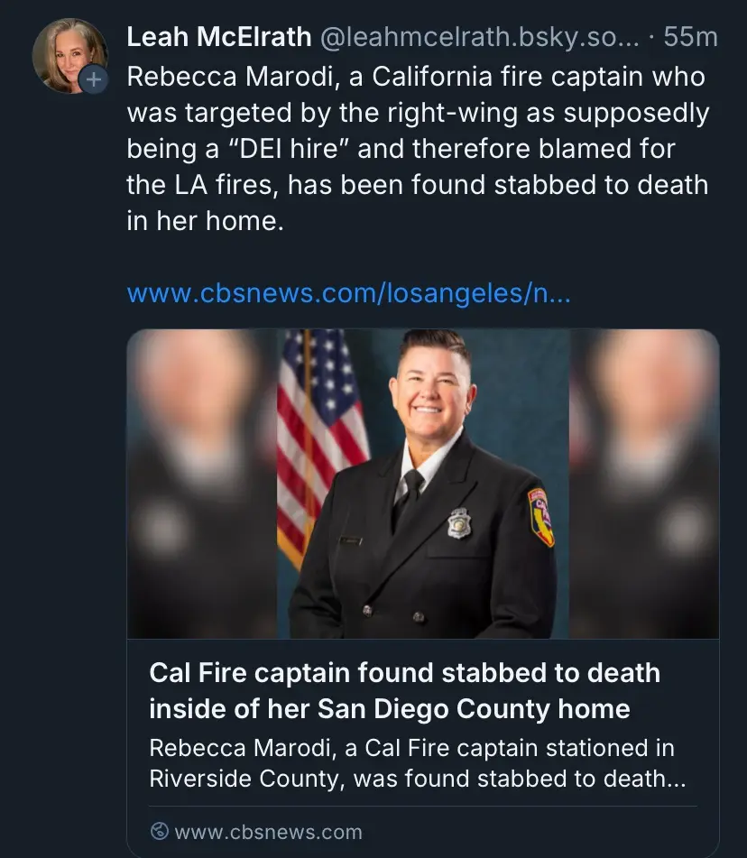 A screenshot of a social media post shows a news article about Rebecca Marodi, a California fire captain, who was found…