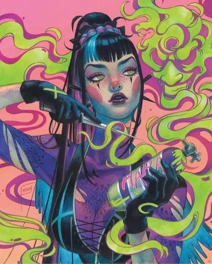 A stylized illustration of a woman with blue hair and black gloves holding a syringe and a bottle labeled 'HAHA', surrounded…