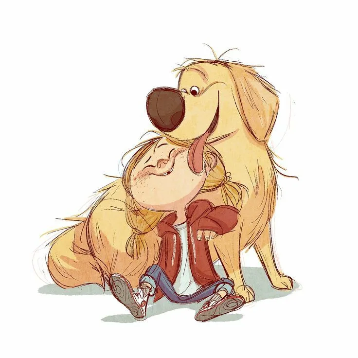 A cartoon golden retriever sits happily with its tongue out, gently hugging a small child who is resting their head on the…