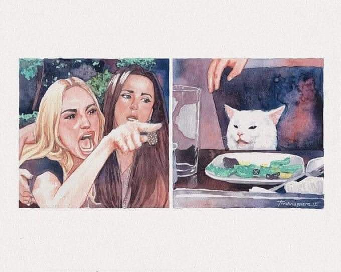 Two side-by-side watercolor paintings: left shows two women, one yelling and pointing accusingly at the other; right shows a…