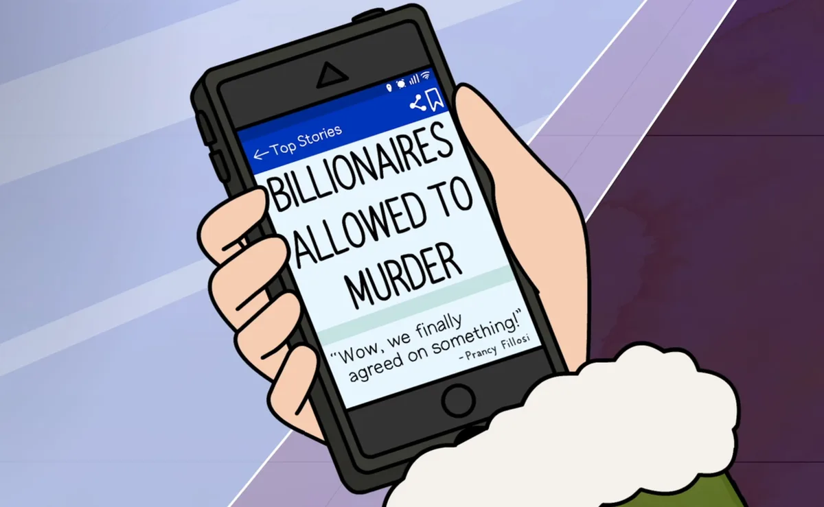 A cartoon hand in a fluffy white sleeve holds a smartphone displaying a news headline reading 'BILLIONAIRES ALLOWED TO…