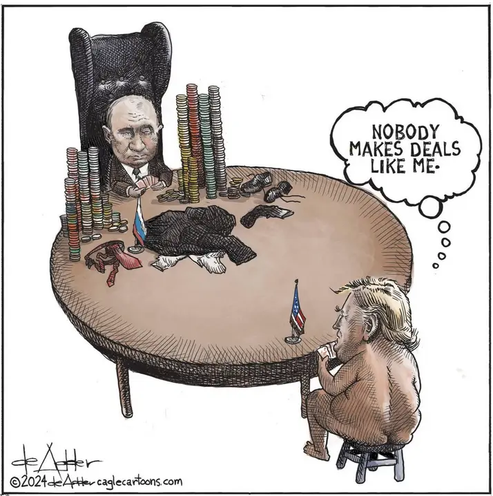 A cartoon depicts Vladimir Putin seated in a high-backed chair behind a large table piled with stacks of coins and discarded…