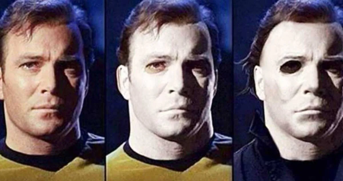 three side-by-side images show the same man: first in a yellow starfleet uniform as captain kirk, then with a visible scar…