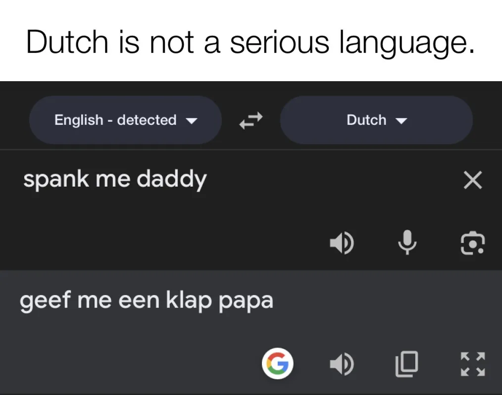 A Google Translate interface shows 'English - detected' on the left and 'Dutch' on the right. The input text 'spank me…