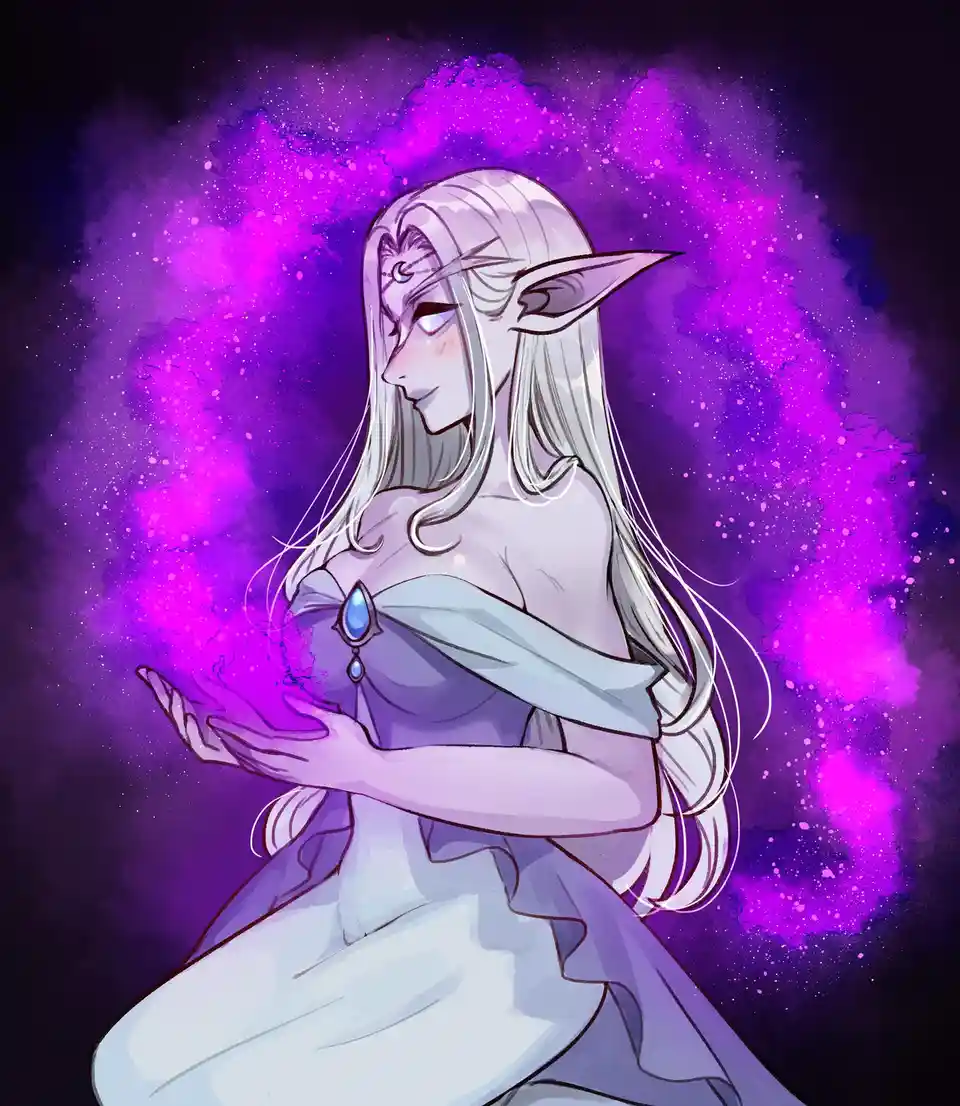 An anime-style elf woman with long silver hair and pointed ears, wearing a light purple dress with a blue gem brooch, stands…