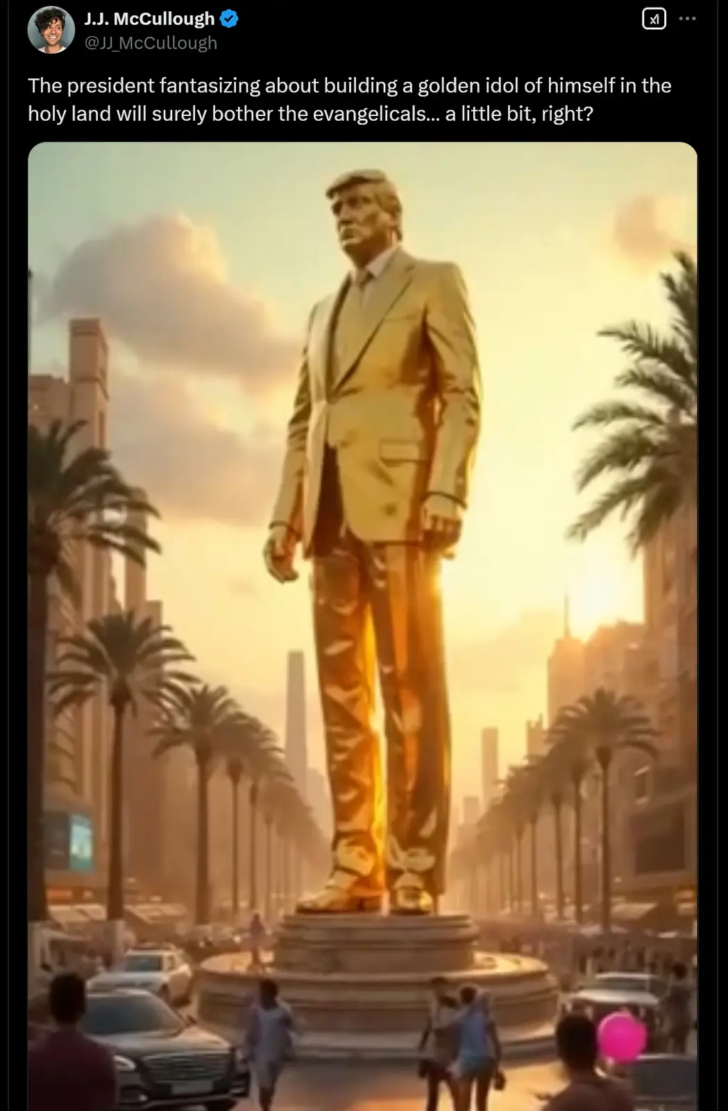 A towering golden statue of a man in a suit stands in a city street lined with palm trees and cars, with people walking…