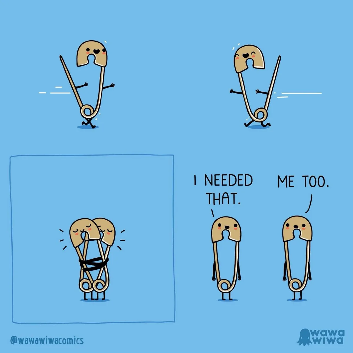 Two cartoon safety pins run toward each other, then collide and get tangled together in a box. They then stand apart, one…