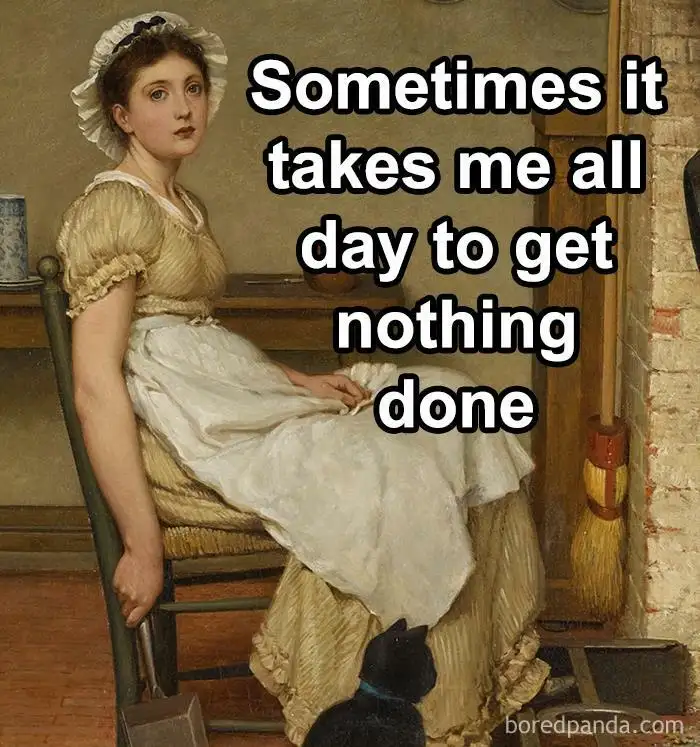 A vintage painting depicts a woman in a light-colored dress and bonnet sitting slumped in a chair, looking bored. A black…