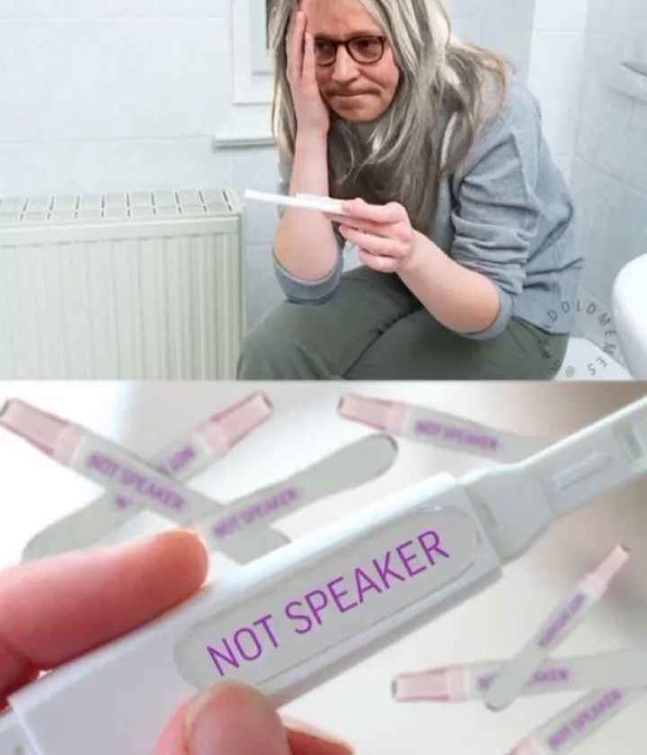 Top panel: A woman with gray hair and glasses sits on the floor in a bathroom, holding a pregnancy test and looking…