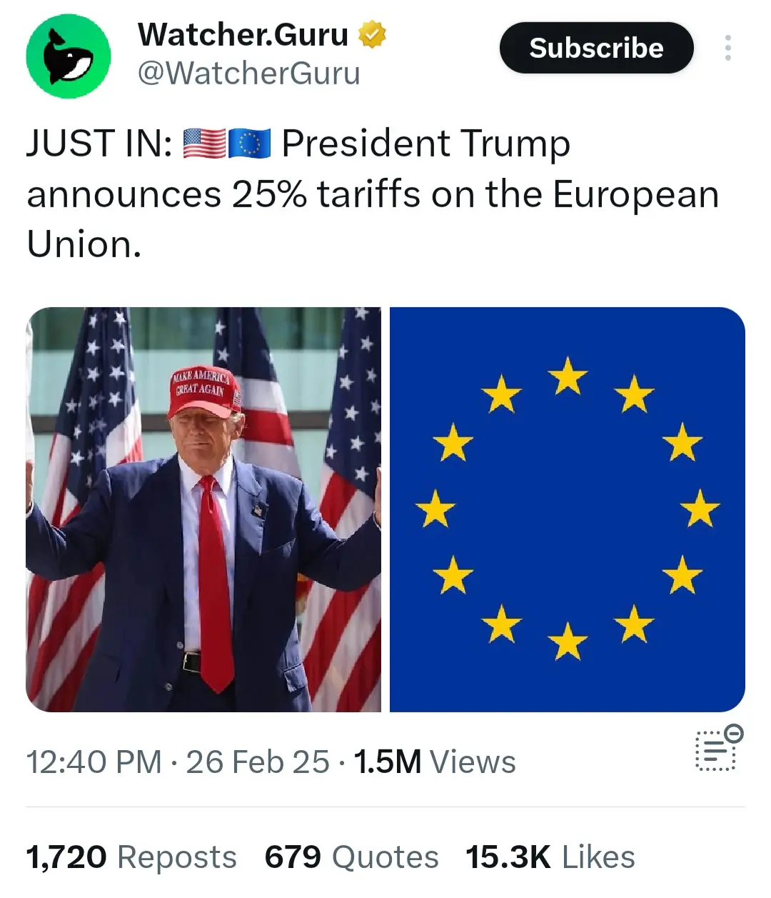 The image displays a split-screen: on the left, Donald Trump wearing a red 'Make America Great Again' cap and a red tie…