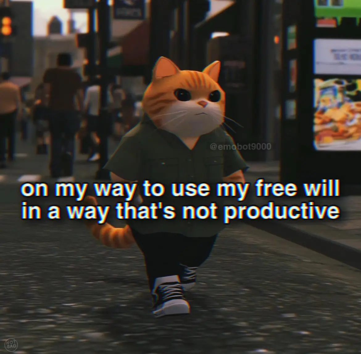 A 3d-rendered orange tabby cat wearing a green shirt, black pants, and sneakers walks down a city street. The cat has a…