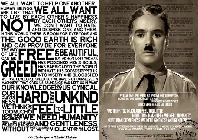 The image features a sepia-toned portrait of Charlie Chaplin on the right, with a dense collage of his famous 1940 speech…