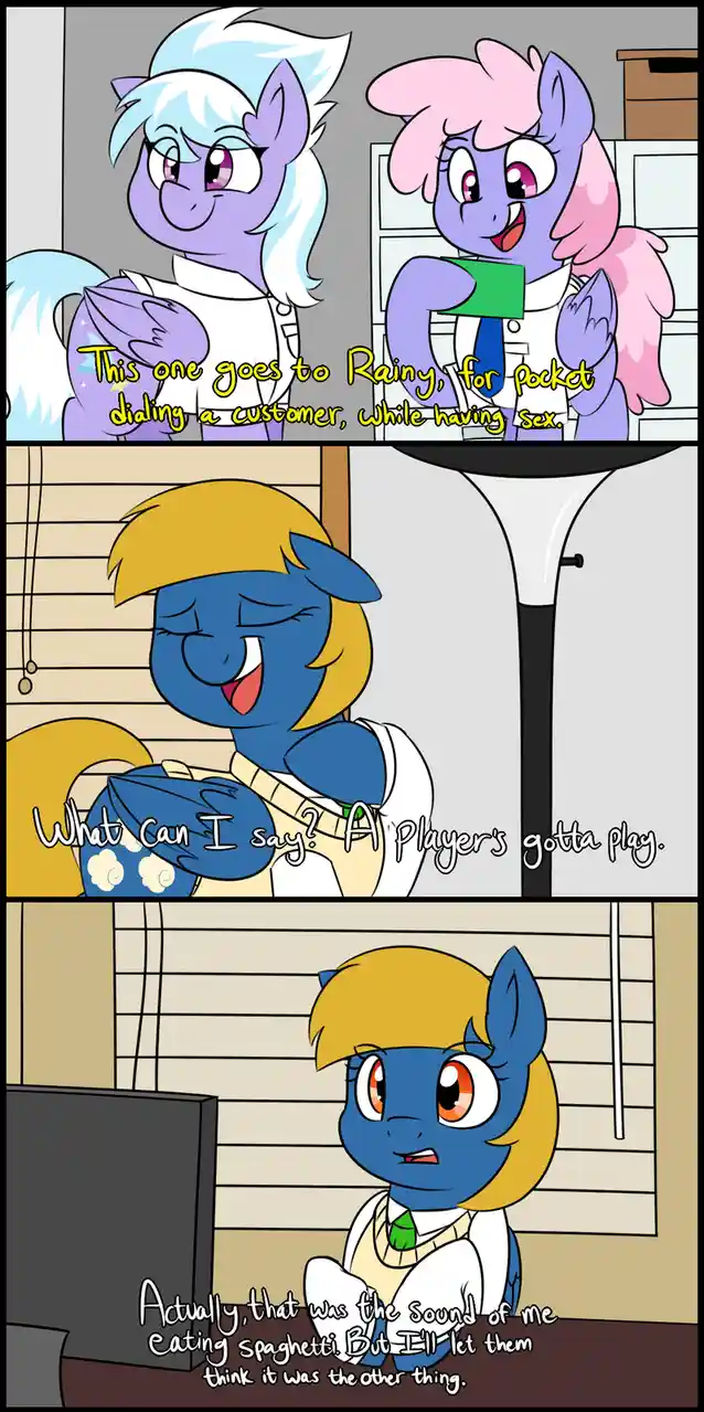 A three-panel comic featuring cartoon ponies in an office setting. The first panel shows two ponies with text overlay about…