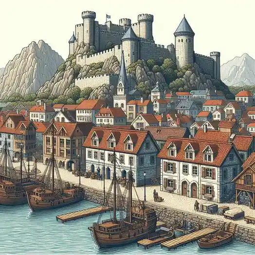 A picturesque medieval-style illustration shows a bustling harbor town with red-roofed buildings and wooden ships docked…