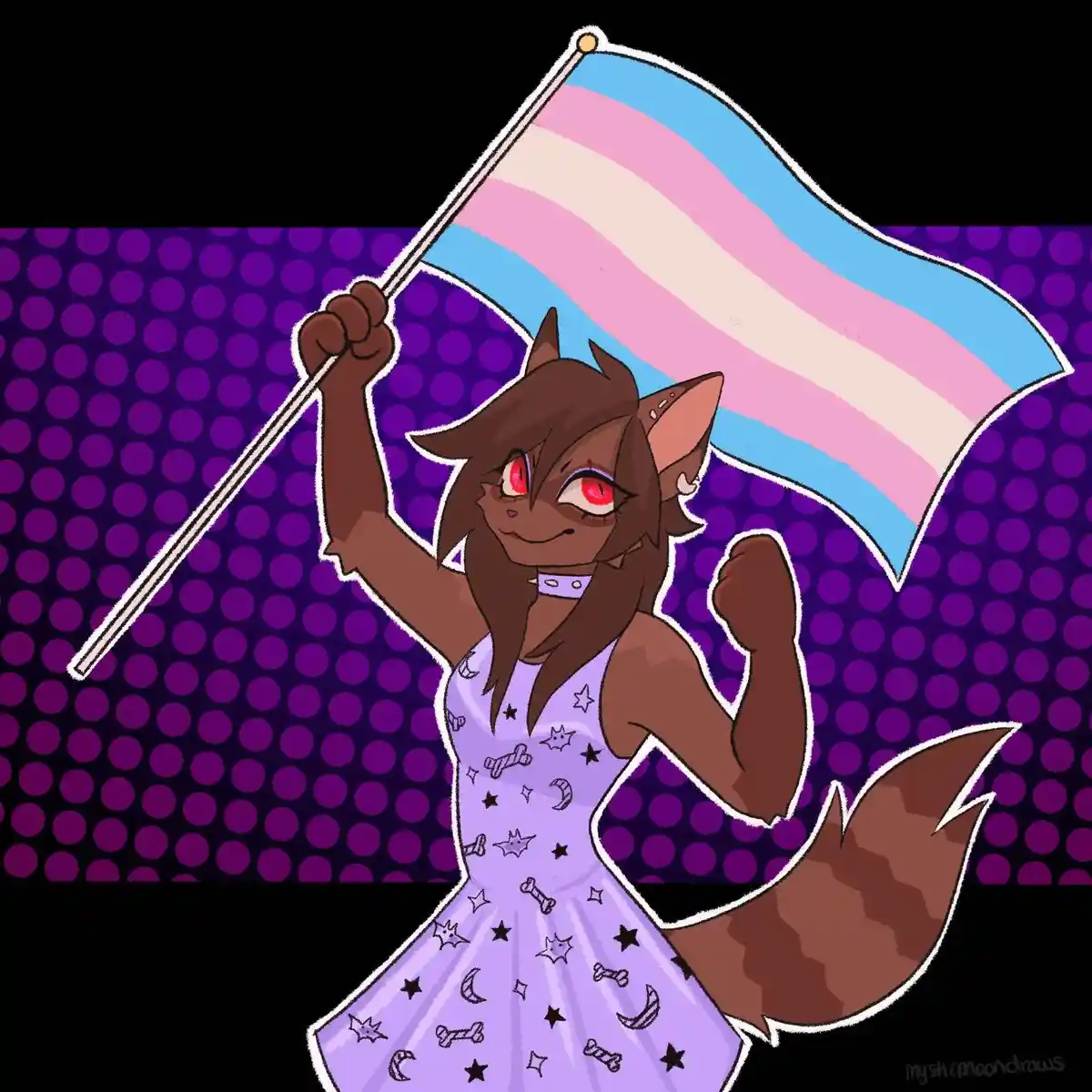 A brown-furred anthropomorphic fox with red eyes and a purple dress adorned with stars and moons holds a trans flag aloft in…