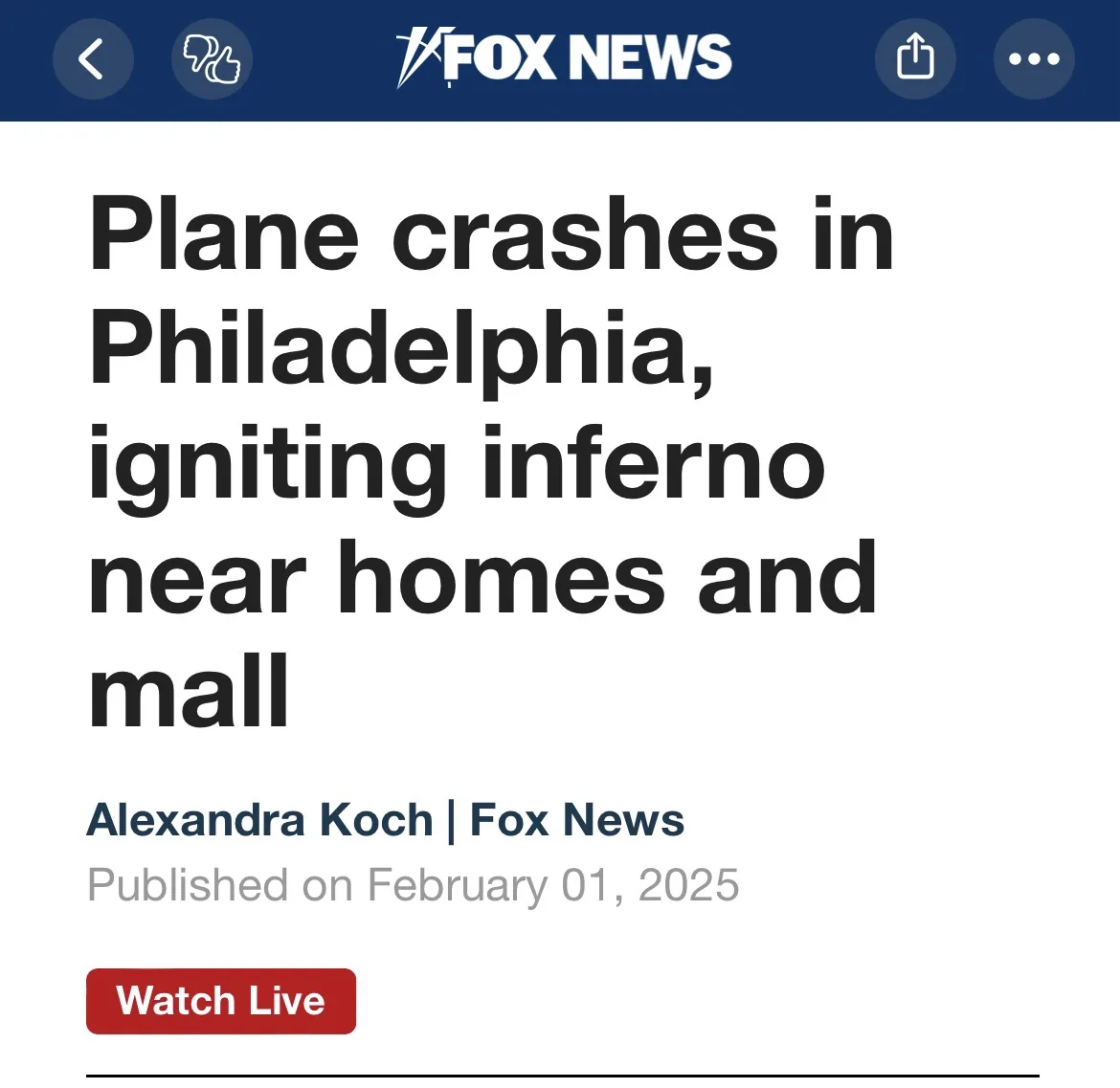 A screenshot of a Fox News article header with the headline 'Plane crashes in Philadelphia, igniting inferno near homes and…