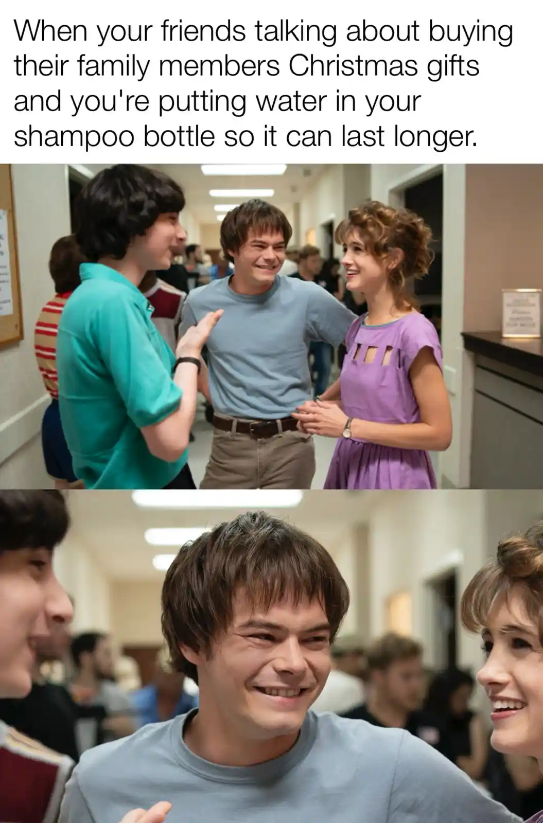 The image shows two panels from a scene with three people. In the top panel, a man in a gray t-shirt is smiling while…