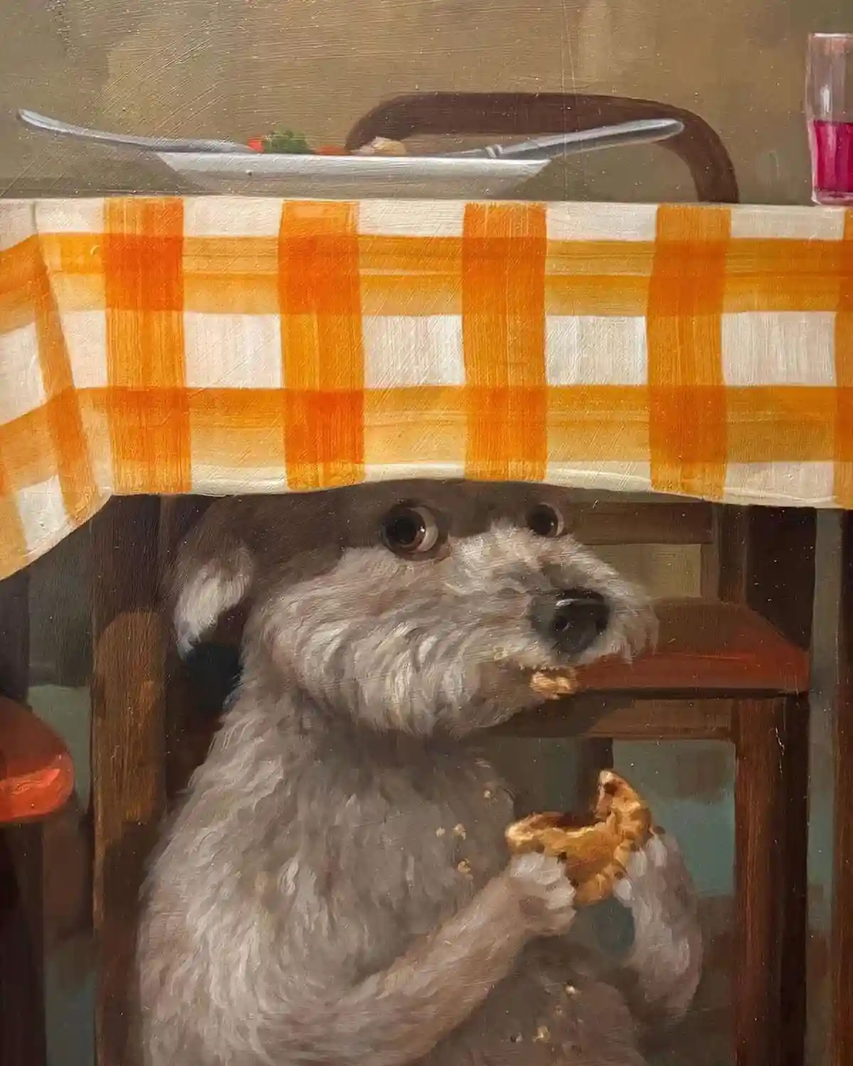 A painting depicts a scruffy grey dog sitting at a wooden dining table, holding a partially eaten pie in its paws. The dog's…
