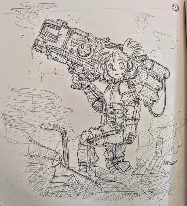 A black-and-white pencil sketch on dotted paper shows a cheerful anime-style girl in combat gear, holding an oversized…