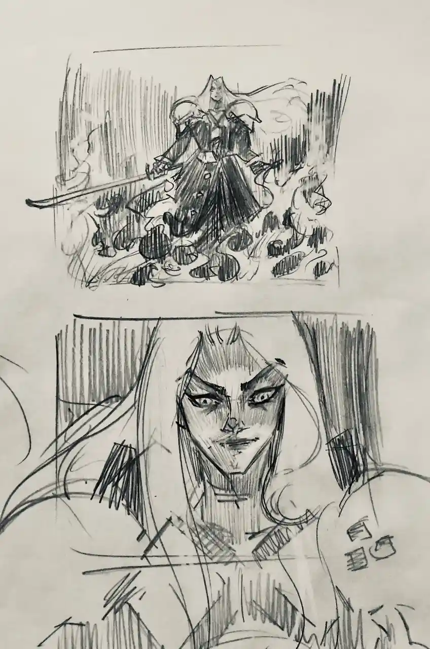 A pencil sketch shows two panels: the top depicts a character in elaborate armor wielding a sword amidst chaotic, scribbled…