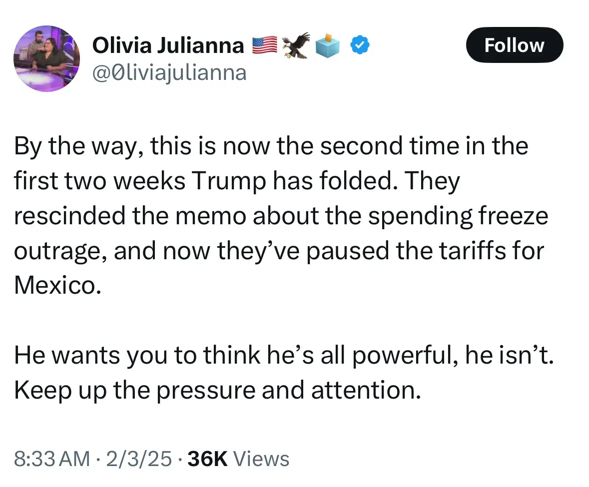 A screenshot of a tweet by Olivia Julianna, showing a text post about political developments involving Trump, including…