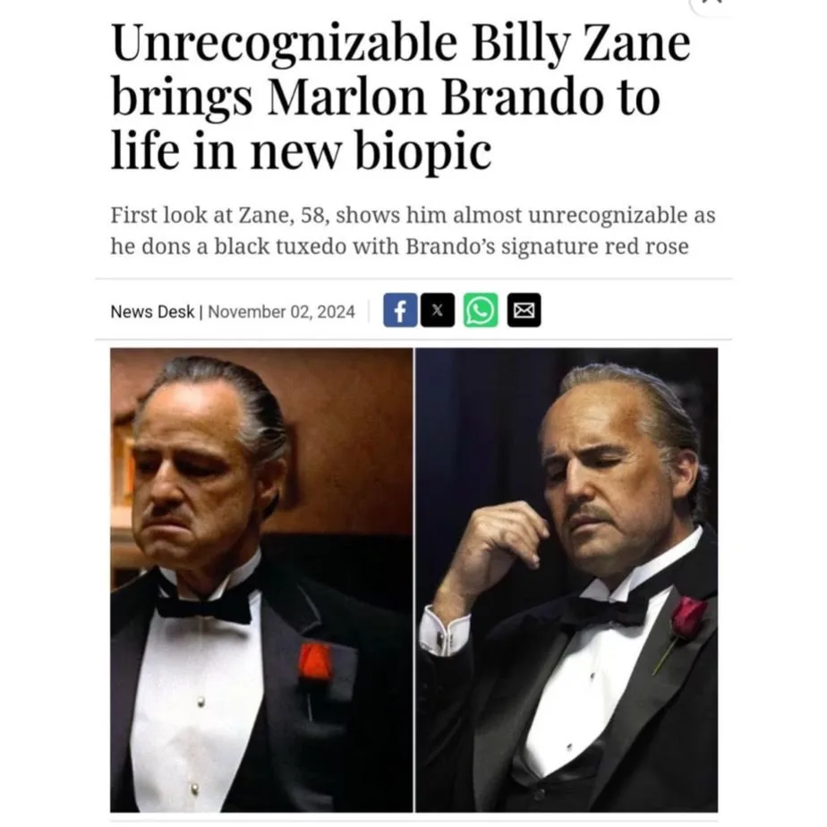 The image displays a mock news article headlined 'Unrecognizable Billy Zane brings Marlon Brando to life in new biopic,'…