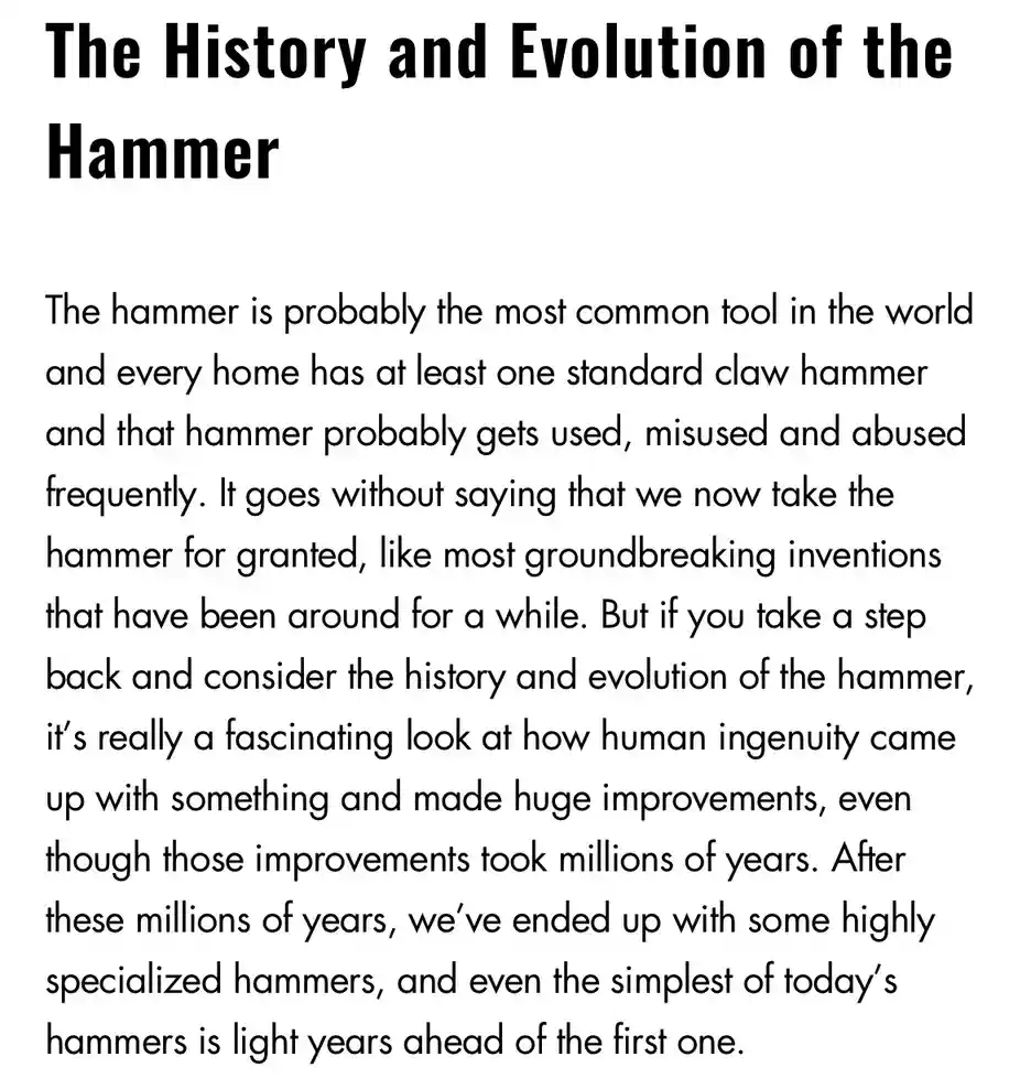 The image displays a white background with black text titled 'The History and Evolution of the Hammer'. The body text…