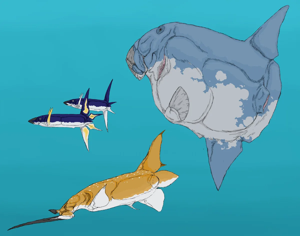 The image displays three stylized prehistoric fish against a solid teal background. The largest, a grayish-blue, blob-like…