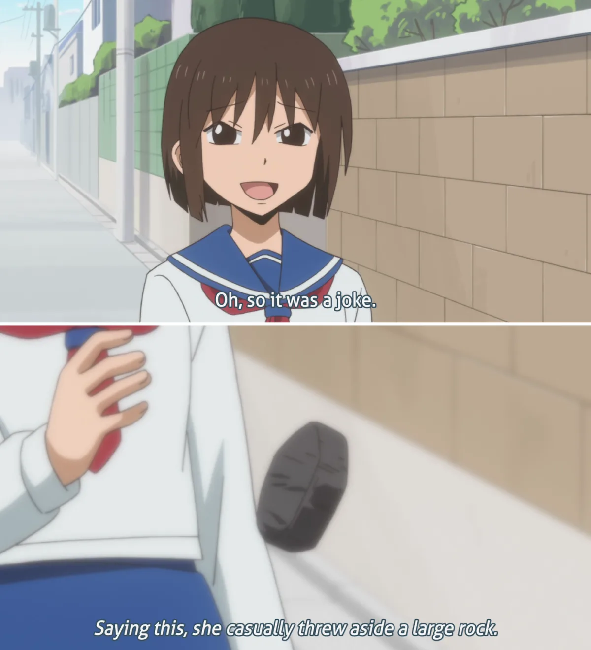 The image is a two-panel anime meme featuring a girl in a sailor uniform. In the top panel, she smiles and says, 'Oh, so it…