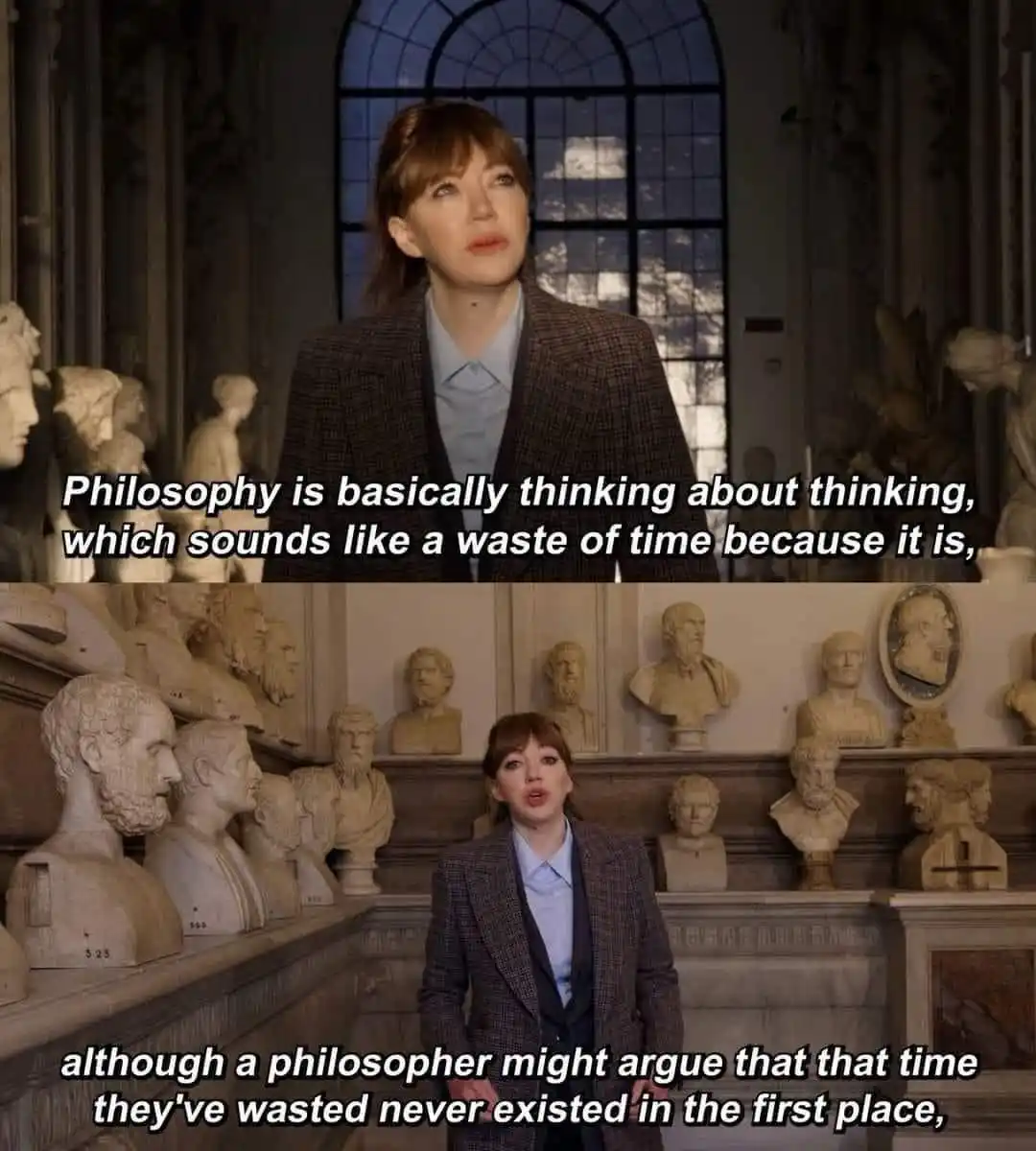 A two-panel meme featuring actress Emma Stone in a museum filled with classical busts. In the top panel, she looks upward…