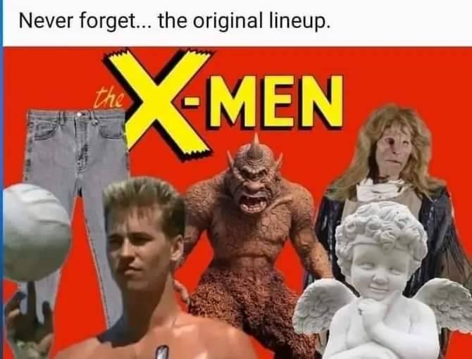 A red background features the yellow 'X-MEN' logo with a pair of jeans, a muscular man holding a ball, a brown-skinned…
