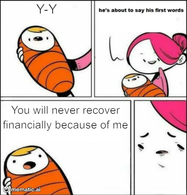 A four-panel comic strip shows a baby wrapped in orange stripes saying 'Y-Y' as his mother anticipates his first words. The…
