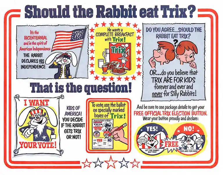 This vintage 1976 advertisement features a cartoon rabbit dressed as a revolutionary, declaring independence with an…