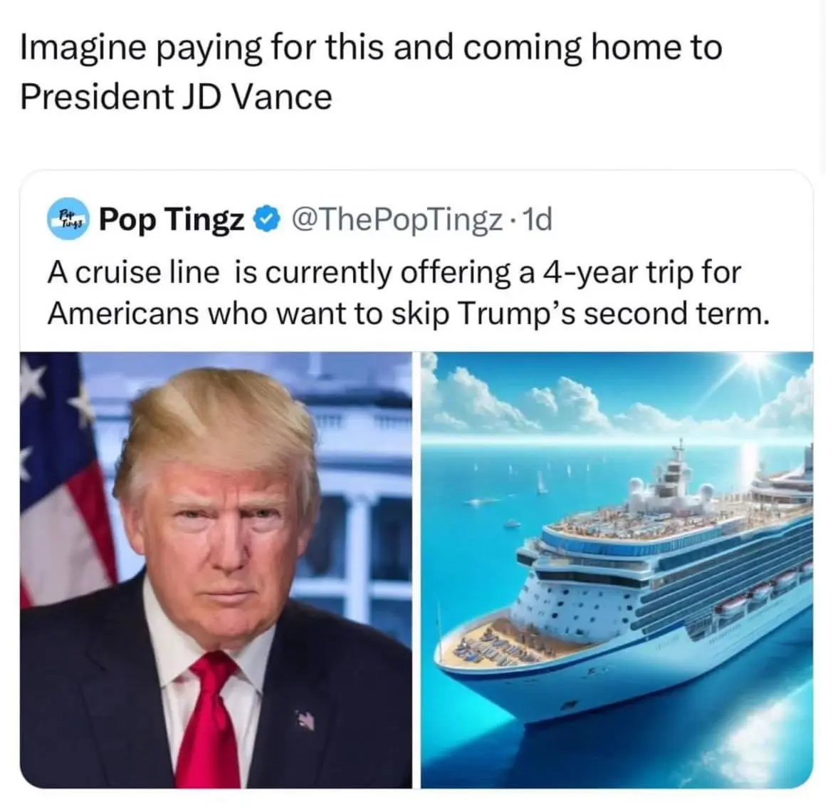 The image displays a split-screen: on the left, a photo of Donald Trump in a suit and red tie, standing before an American…