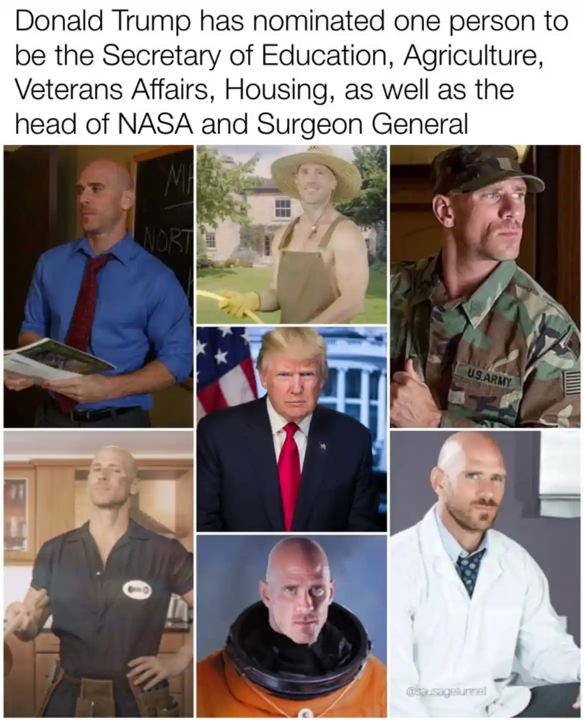 A collage of six images featuring the same bald man in various roles: teacher, farmer, soldier, handyman, astronaut, and…