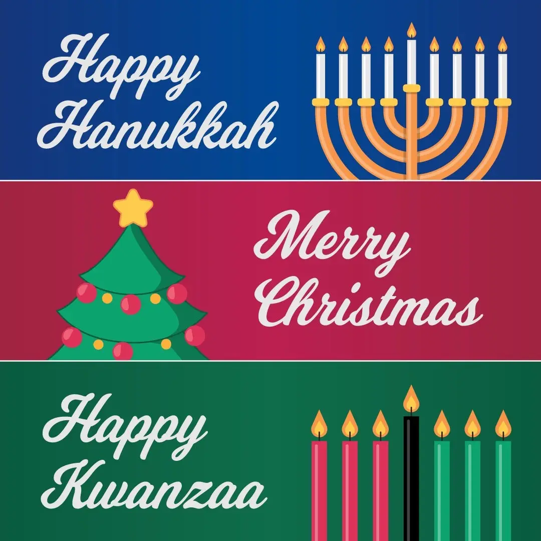 The image is divided into three horizontal sections. The top section has a blue background with a lit menorah and the text…