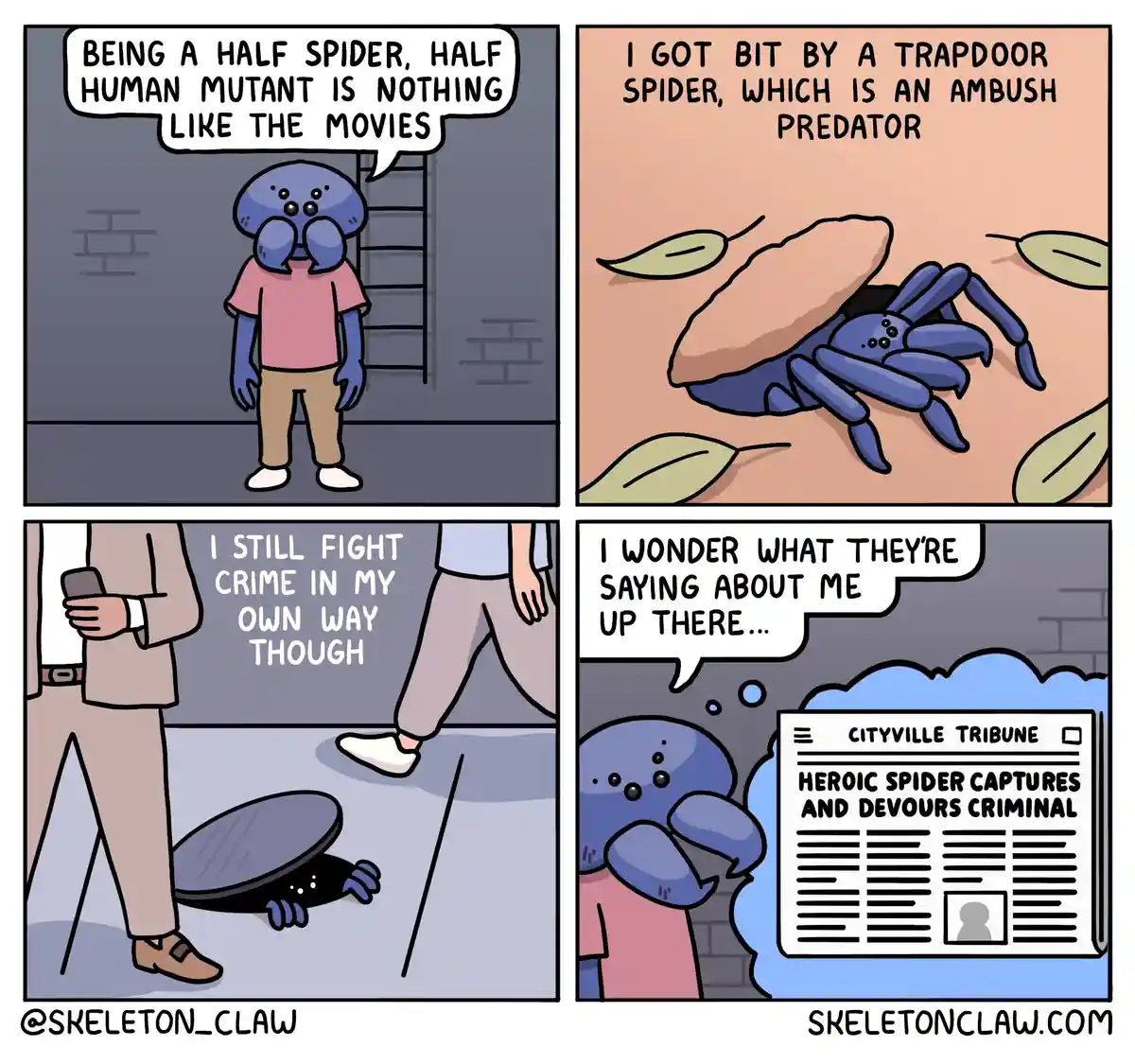 A four-panel comic shows a blue half-spider, half-human mutant reflecting on his life. He laments that being a mutant is not…