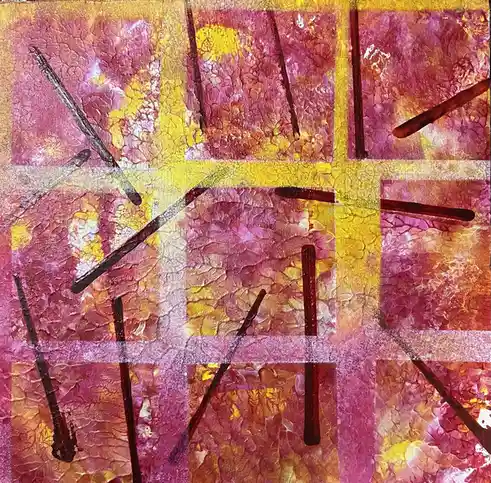 An abstract painting with a grid of nine squares in shades of pink, orange, and yellow, featuring textured, cracked…