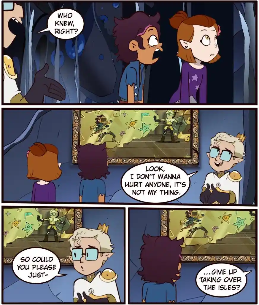 A comic strip from 'The Owl House' shows two characters reacting to a framed portrait of a villain. The villain in the…