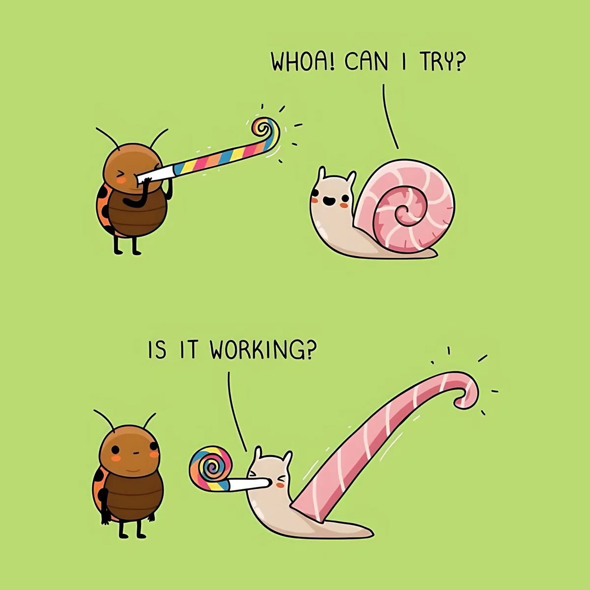 A cartoon ladybug holds a rainbow lollipop, offering it to a snail who eagerly asks to try it. In the next panel, the snail…